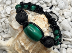 Makramee-Armband mit Malachit- und Lavastein-Perlen, gewachste Baumwolle schwarz, handgefertigt